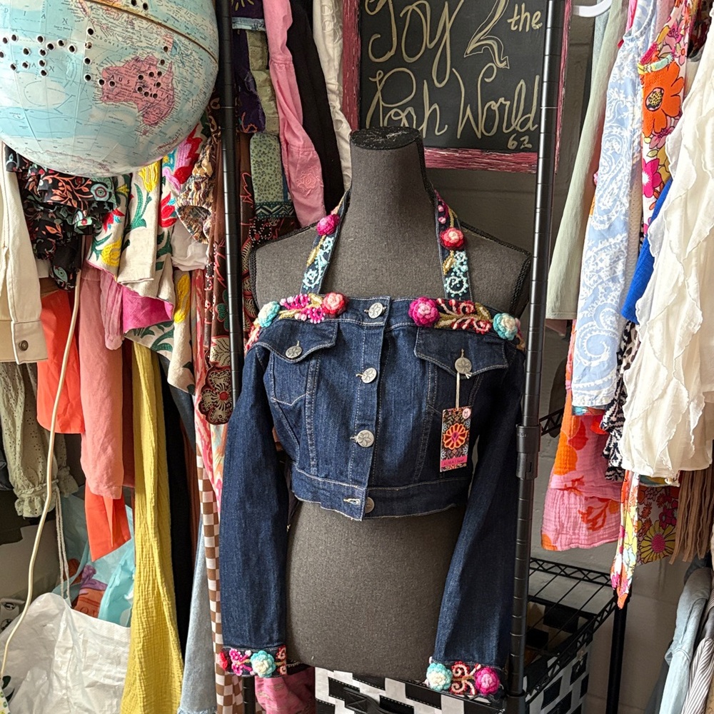 NWT Alma Soul off shoulder cropped Colorful embroidered Denim Jacket